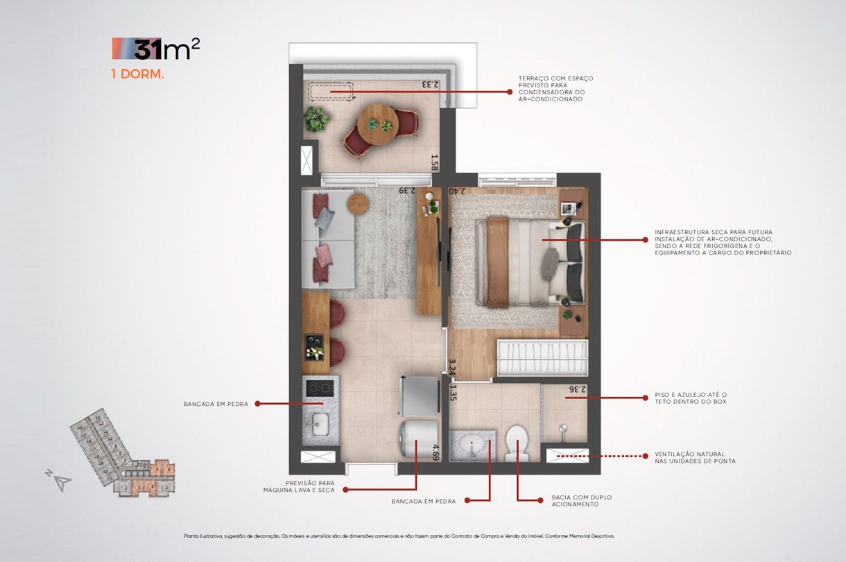Planta baixa de 1 dormitório de 31 m² do MadArt Vila Madalena