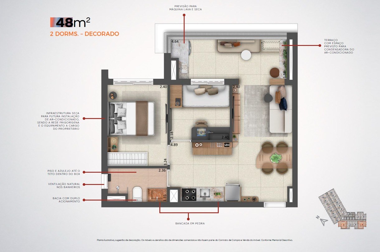 Planta decorada de 2 dormitórios de 48 m² do MadArt Vila Madalena