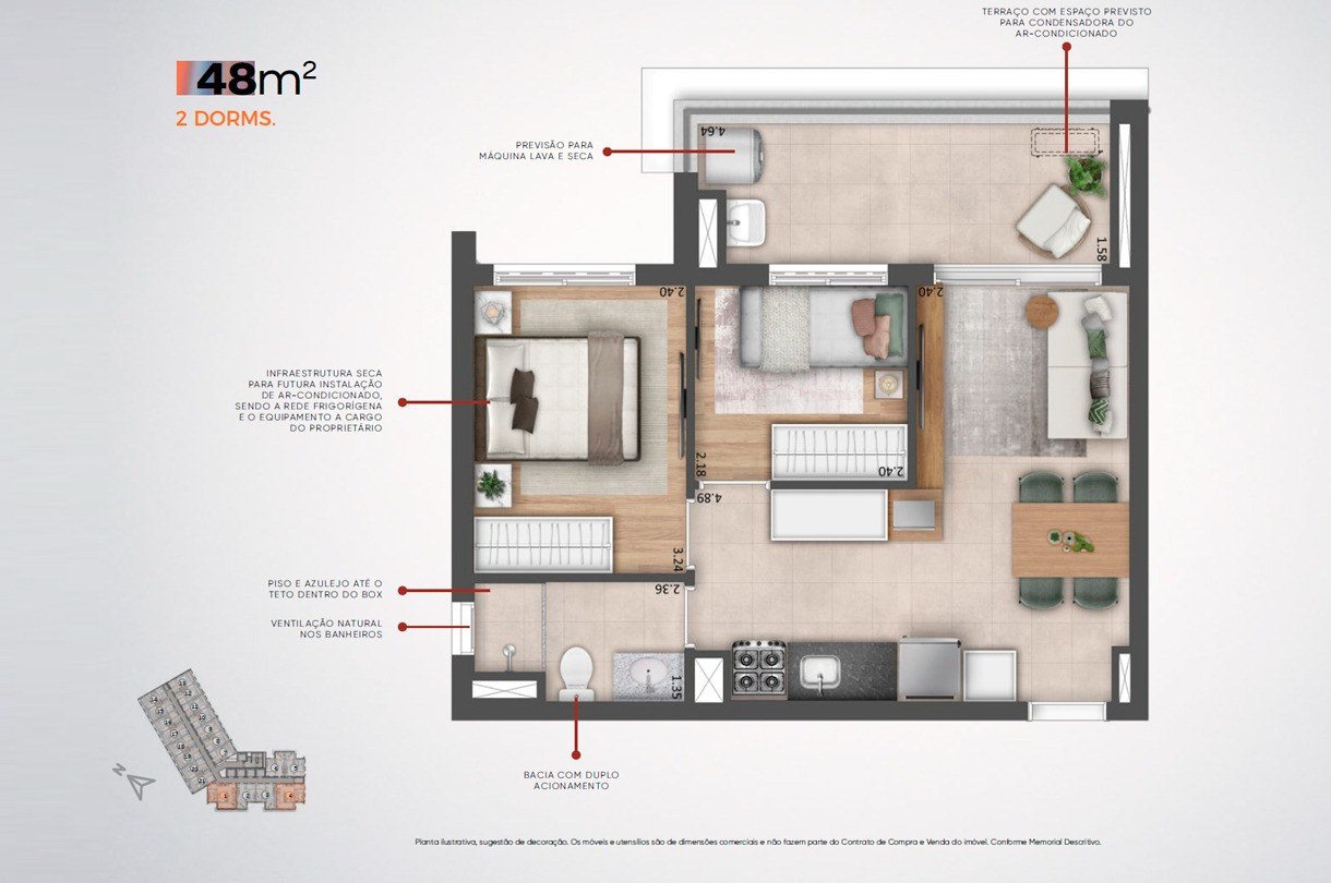 Planta baixa de 2 dormitórios de 48 m² do MadArt Vila Madalena