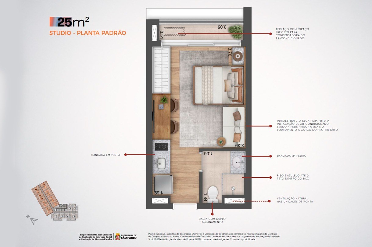 Planta baixa do Studio de 24 a 25 m² do MadArt Vila Madalena