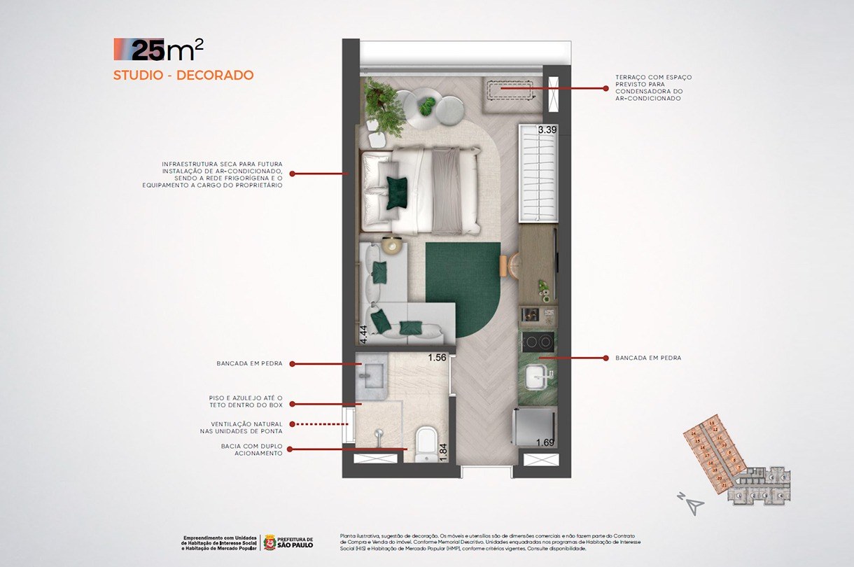 Studio decorado de 25m² do MadArt Vila Madalena